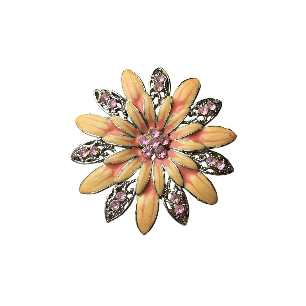 Vintage Flower Brooch Hair Clip Enameled Rhinestone Pink Orange Sparkle Feminine